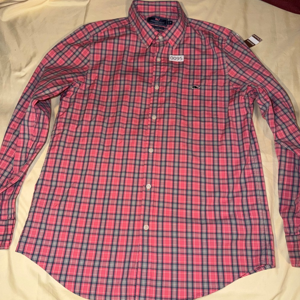 Vineyard Vines Mens M Slim Fit Tucker Shirt Pink Navy Blue Plaid Button Down